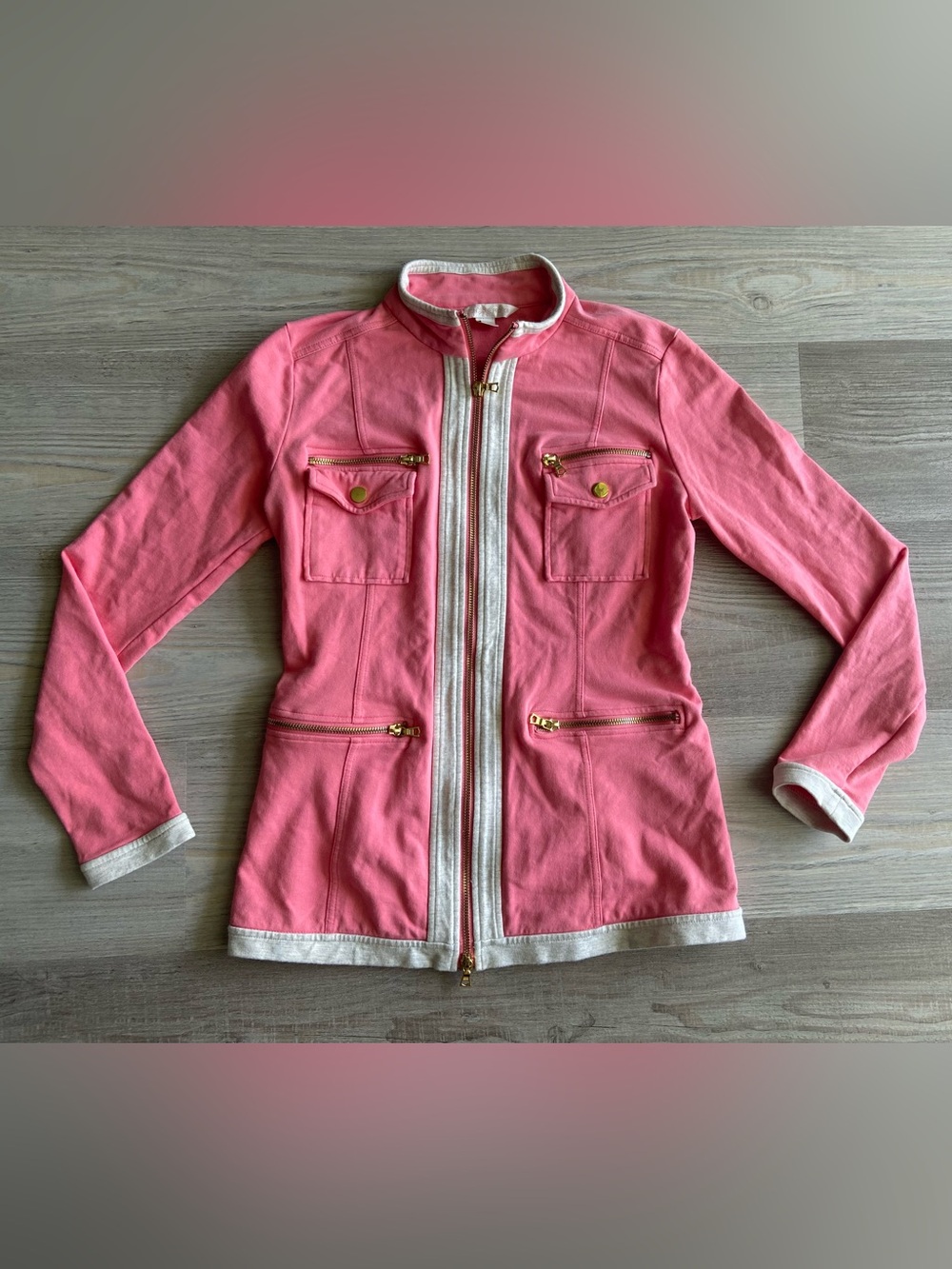 Boston Proper Pink Full Zip Sport Utility Jacket Contrast Trim Gold Detail XS